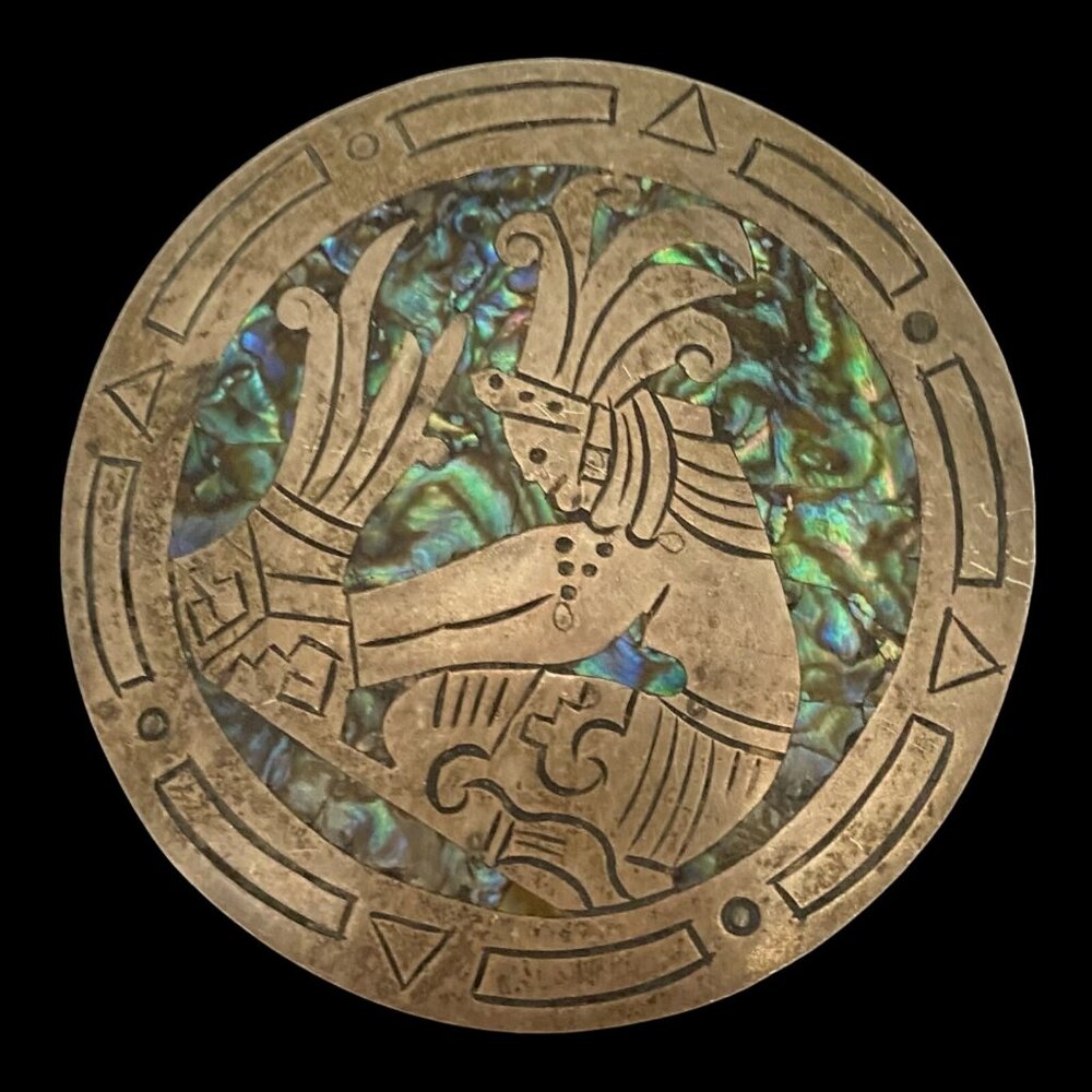 Brooch 2.5" Abalone Shell Mayan Design Sterling Silver 925 Mexico